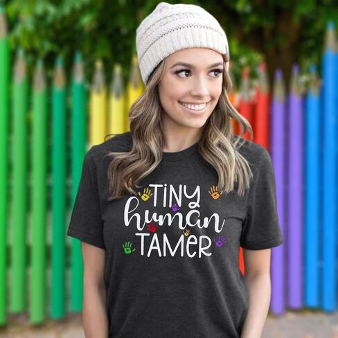 Teacher Shirts for Women - Kindergarten & Elementary School Teaching Tee Funny Tiny Human Tamer Graphic Tees Tops in Saudi Arabia