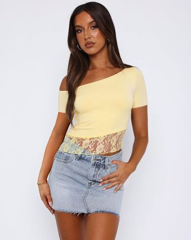 ZREQV Womens Long Sleeve Crop Tops Sexy Off Shoulder Slim Fit Lace Trim Tunic Tees Y2K Blouse Trendy T Shirts Going Out Tops in Kuwait