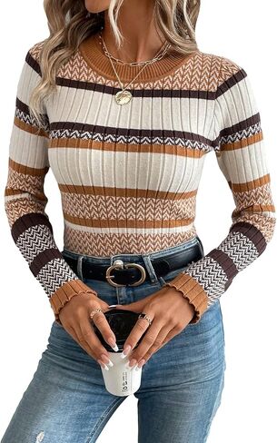 GORGLITTER Women's Striped Round Neck Sweater Long Sleeve Ribbed Knit Pullover Top in Saudi Arabia