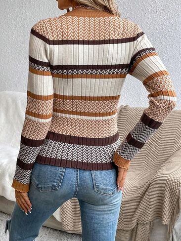 GORGLITTER Women's Striped Round Neck Sweater Long Sleeve Ribbed Knit Pullover Top in Saudi Arabia