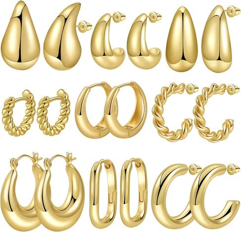 9 أزواج من الأقراط الحلقية المكتنزة للنساء، لا تسبب الحساسية، أقراط سميكة مناسبة للحفلات والأصدقاء هدية عيد ميلاد in Kuwait