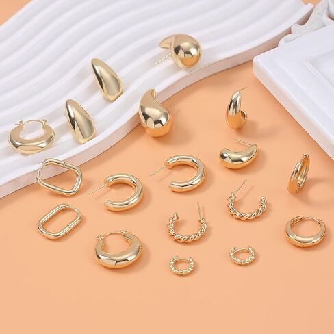 9 أزواج من الأقراط الحلقية المكتنزة للنساء، لا تسبب الحساسية، أقراط سميكة مناسبة للحفلات والأصدقاء هدية عيد ميلاد in Kuwait