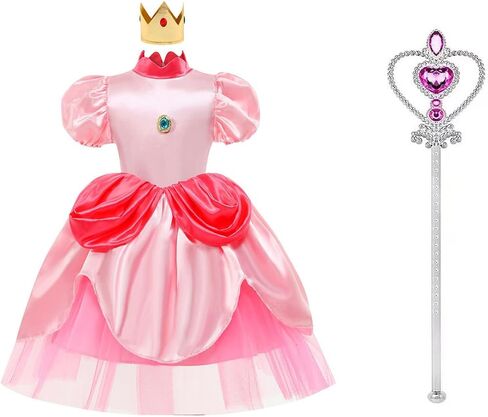MYYBX Peach Princess Dress Girls Costume: Halloween Girl Princesa Costumes Outfit with Accessories - with crown and cane in Saudi Arabia