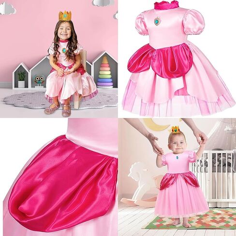 MYYBX Peach Princess Dress Girls Costume: Halloween Girl Princesa Costumes Outfit with Accessories - with crown and cane in Saudi Arabia