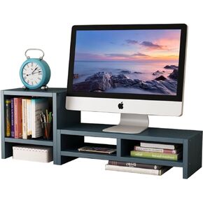 حامل شاشة، حامل شاشة، حامل شاشة بطبقتين للمكتب مع رف كتب لسطح المكتب، منظم مكتب حامل شاشة خشبي للكمبيوتر الشخصي، الكمبيوتر المحمول، الطابعة، الكمبيوتر، iMac، أزرق in Kuwait