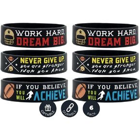 (6-Pack) Motivational Football Wristbands with Sports Quotes - Football Gifts Jewelry Accessories for Football Players Team Awards Party Favors - Unisex for Men Women Youth Teen Girls Boys
