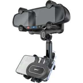 IPOW Large Rearview Mirror Phone Holder for Car 360°Rotatable and Retractable, 2024 Upgraded Four Corners Fixed Anti-Shake Multifunctional Design for All Phones and All Car Rearview Mirror with Button