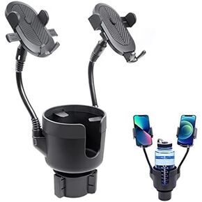 Dual Cup Phone Holder for Car, 360°Rotatable Car Phone Mount Adjustable Gooseneck Cell Phone Cup Holder Universal Fits for Most 4"-6.7" i-Phone Cell Phone Automobile Cradles