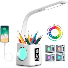 مصباح مكتب الدراسة مع منفذ شحن USB وشاشة وتقويم وإضاءة ليلية ملونة، مصباح طاولة LED قابل للضوء للأطفال مع حامل قلم وساعة، ضوء قراءة للطلاب، 10 وات