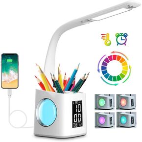 Study Desk Lamp with USB Charging Port&Screen&Calendar&Color Night Light, Kids Dimmable LED Table Lamp with Pen Holder&Clock, Reading Light for Students,10W in Kuwait