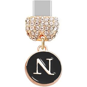 ELISE & FONDA TP64 Type-C USB Charging Port Crystal Anti Dust Plug with Tiny letter N Cell Phone Charm for Samsung Galaxy/Huawei/OnePlus/Xiaomi/oppo New Android Phones(Black)