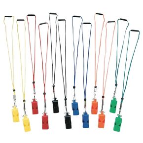 S&S Worldwide Arbiter Pealess Whistle and Breakaway Lanyard. Extremely Loud ABS Plastic Whistles. 2 Each in 6 with Matching Colored Breakaway Lanyards. Set of 12.