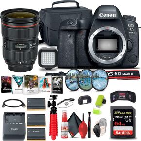كاميرا Canon EOS 6D Mark II DSLR (الهيكل فقط) (1897C002) + عدسة Canon EF 24-70 مم + بطاقة سعة 64 جيجابايت + حقيبة + مجموعة مرشح + برنامج صور + 2 بطارية LPE6 + قارئ بطاقات + ضوء + المزيد (متجددة)