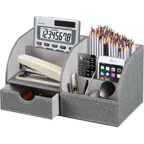 Desk Organizer, PU Leather Desktop Organizers and Accessories, Office Supplies Multi-Functional Caddy Storage with 6 Compartments and 1 Drawer, Workspace Organizer for Office Home School Classroom