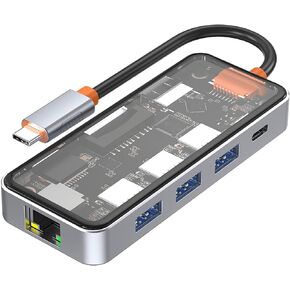 DroiX NT8 Clear USB Hub with Ultra-Fast RJ45 Gigabit Ethernet, 4K HDMI 2.0 Output, Rapid 100W PD Charging, Versatile 3X USB Type-A 3.0 Ports, Dual Micro/SD Card Readers, Sleek Design.