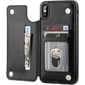 iPhone Xs Max Wallet Case with Card Holder,OT ONETOP Premium PU Leather Kickstand Card Slots Case,Double Magnetic Clasp and Durable Shockproof Cover 6.5 Inch(Black)