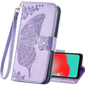 PU Leather Wallet Flip Protective Phone Case with Wrist Strap Card Slots Holder Pocket Emboss Butterfly Flower Stand Case for Samsung Galaxy A32 5G Purple