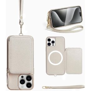 ZVE Wallet Case for iPhone 14 Pro 6.1 inch, Magsafe Zipper Leather RFID Blocking Cards Holder Slots Case with Magnetic Wireless Charging, Protective Cover for iPhone 14 Pro 6.1" (2022) - Beige