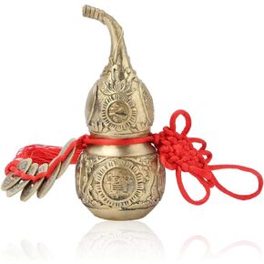 Good Luck Charms Brass Wu Lou Gourd, Feng Shui Coins Cucurbit with Decor Tassels String and Red Chinese Knot, for Success Fortune Longevity Wealth Treasure