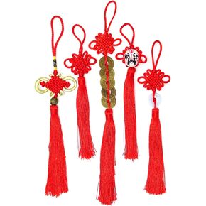 HONBAY Handicrafts 5PCS Red Chinese Knot Tassels Hanging Decorations Chinese Style Gift for Friends