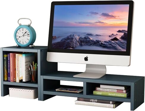 حامل شاشة، حامل شاشة، حامل شاشة بطبقتين للمكتب مع رف كتب لسطح المكتب، منظم مكتب حامل شاشة خشبي للكمبيوتر الشخصي، الكمبيوتر المحمول، الطابعة، الكمبيوتر، iMac، أزرق in Kuwait