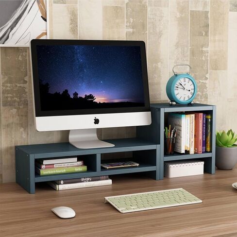 حامل شاشة، حامل شاشة، حامل شاشة بطبقتين للمكتب مع رف كتب لسطح المكتب، منظم مكتب حامل شاشة خشبي للكمبيوتر الشخصي، الكمبيوتر المحمول، الطابعة، الكمبيوتر، iMac، أزرق in Kuwait
