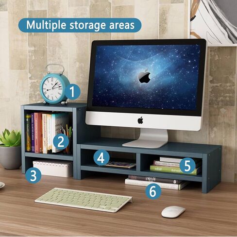 حامل شاشة، حامل شاشة، حامل شاشة بطبقتين للمكتب مع رف كتب لسطح المكتب، منظم مكتب حامل شاشة خشبي للكمبيوتر الشخصي، الكمبيوتر المحمول، الطابعة، الكمبيوتر، iMac، أزرق in Kuwait