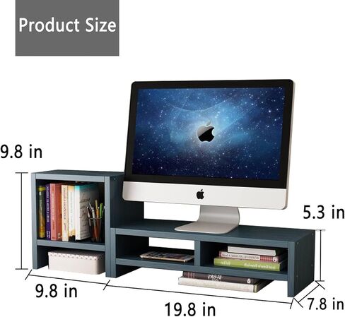 حامل شاشة، حامل شاشة، حامل شاشة بطبقتين للمكتب مع رف كتب لسطح المكتب، منظم مكتب حامل شاشة خشبي للكمبيوتر الشخصي، الكمبيوتر المحمول، الطابعة، الكمبيوتر، iMac، أزرق in Kuwait
