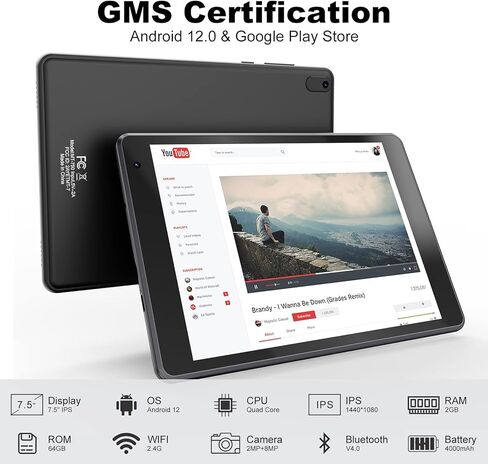 TJD MT750QR 7.5 بوصة Android Tablet، 2GB RAM 64GB ROM، 1440 * 1080 بكسل، معالج رباعي النواة، 2.4 جيجا هرتز/5 جيجا هرتز WiFi، بلوتوث 4.2، GPS، 3G/4G، OTG، ذاكرة قابلة للتوسيع 64 جيجا بايت (فضي) in Kuwait