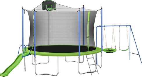 Trampoline for Kids, 12ft Family Recreation Trampoline with Swing, Slide, Safety Fence Net and Basketball Hoop Ladder, Recreational Trampolines for Outdoor Indoor, Green in Saudi Arabia