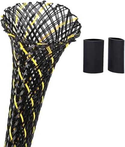 Cable Sleeves - PET Expandable Wire Loom 1/2"-25ft, Braided Wire Hider Mesh, Cord Management Organizer for USB Power Video Cable, Flexible Wrap Cover w/Heat Shrinkable Tubes, Black&Yellow in Kuwait