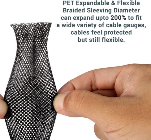 Cable Sleeves - PET Expandable Wire Loom 1/2"-25ft, Braided Wire Hider Mesh, Cord Management Organizer for USB Power Video Cable, Flexible Wrap Cover w/Heat Shrinkable Tubes, Black&Yellow in Kuwait