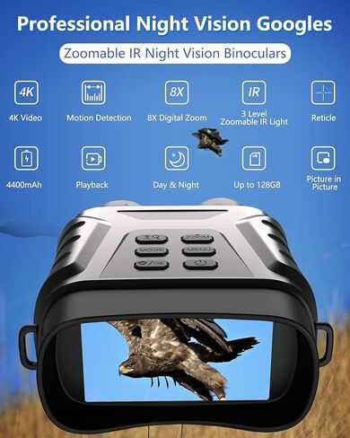 مناظير للرؤية الليلية، نظارات رقمية 4K هدية للرجال، شاشة كبيرة 3 بوصات، تكبير رقمي 8X، ضوء IR قابل للتركيز مع بطاقة 64 جيجابايت ومقبض مثبت للتخييم والصيد in Saudi Arabia