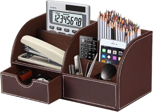 Desk Organizer, PU Leather Desktop Organizers and Accessories, Office Supplies Multi-Functional Caddy Storage with 6 Compartments and 1 Drawer, Workspace Organizer for Office Home School Classroom in Saudi Arabia
