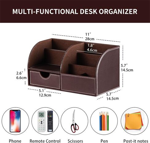 Desk Organizer, PU Leather Desktop Organizers and Accessories, Office Supplies Multi-Functional Caddy Storage with 6 Compartments and 1 Drawer, Workspace Organizer for Office Home School Classroom in Saudi Arabia