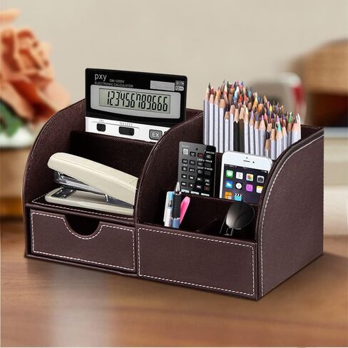 Desk Organizer, PU Leather Desktop Organizers and Accessories, Office Supplies Multi-Functional Caddy Storage with 6 Compartments and 1 Drawer, Workspace Organizer for Office Home School Classroom in Saudi Arabia