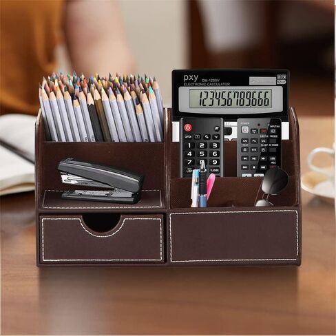 Desk Organizer, PU Leather Desktop Organizers and Accessories, Office Supplies Multi-Functional Caddy Storage with 6 Compartments and 1 Drawer, Workspace Organizer for Office Home School Classroom in Saudi Arabia