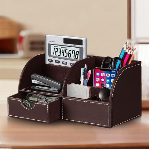 Desk Organizer, PU Leather Desktop Organizers and Accessories, Office Supplies Multi-Functional Caddy Storage with 6 Compartments and 1 Drawer, Workspace Organizer for Office Home School Classroom in Saudi Arabia