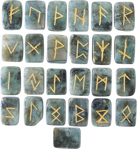 أحجار اللابرادوريت الرونية مستطيلة الشكل من الأحجار الكريمة مع أبجدية فوثارك الأكبر منقوشة 25 قطعة مجموعة رون كريستال العرافة الميتافيزيقية شفاء شقرا الريكي مجموعة الرونية مع حقيبة الحجم: 20-25 مم in Kuwait
