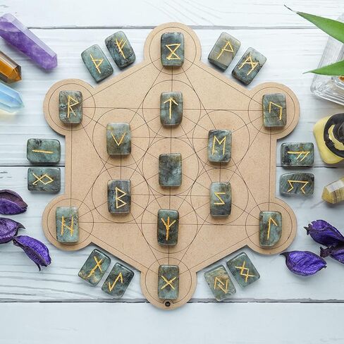 أحجار اللابرادوريت الرونية مستطيلة الشكل من الأحجار الكريمة مع أبجدية فوثارك الأكبر منقوشة 25 قطعة مجموعة رون كريستال العرافة الميتافيزيقية شفاء شقرا الريكي مجموعة الرونية مع حقيبة الحجم: 20-25 مم in Kuwait