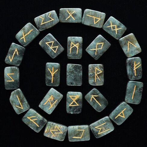 أحجار اللابرادوريت الرونية مستطيلة الشكل من الأحجار الكريمة مع أبجدية فوثارك الأكبر منقوشة 25 قطعة مجموعة رون كريستال العرافة الميتافيزيقية شفاء شقرا الريكي مجموعة الرونية مع حقيبة الحجم: 20-25 مم in Kuwait