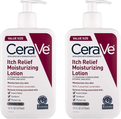 حزمة لوشن مرطب لتخفيف الحكة من CeraVe - عبوة من زجاجتين - 16 أونصة سائلة لكل زجاجة - إجمالي 32 أونصة سائلة - يرطب البشرة الجافة - خالي من الستيرويد لتخفيف الحكة من CeraVe in Kuwait