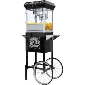 Commercial Popcorn Machine with Cart and 12-Ounce Kettle,Vintage-Style Popper on Wheels with Tempered Glass, Warming Deck, 850W Popcorn Popper for Parties, Events, and Home Theater