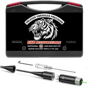 Rechargeable Laser Bore Sight Kit, Green Bore Sight Laser with 32 Adapters fit 0.17 to 12GA Calibers, Boresight Kit with Button Switch, Less Than 5mW, for All Gun Rifle Pistol