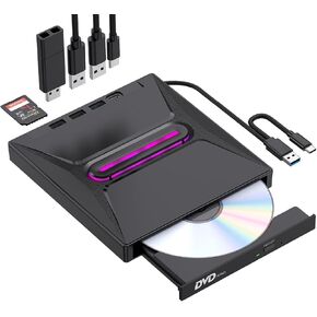External CD/DVD Drive for Laptop, DVD/CD Burner, Plug & Play, USB 3.0 & Type-C High Speed CD/DVD Reader & Writer, Portable DVD Player for Windows, Linux, Mac OS Laptop PC