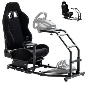 Hottoby Racing Simulator Cockpit Steering Wheel with Black Seat Fits for Logitech/Thrustmaster G29 G920 G923 G25 T300RS,Unobstructed Design for Both Legs Cockpit,NO Steering Wheel Handbrake Pedals
