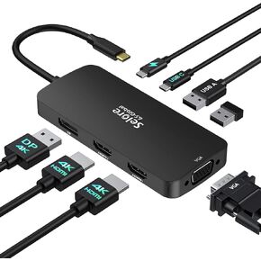 USB C Station Station Dual HDMI Monitor Adapter ، Selore USB C Hub 3 شاشات مع HDMI مزدوجة ، DisplayPort ، VGA ، شحن 100W PD ، محول منافذ 3USB 2.0 لـ Dell XPs ، HP ، Lenovo ، إلخ (أسود)