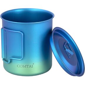 Titanium Camping Pot Mug 15oz (420ml) with Lid and Foldable Handle – Ultralight Camping Cup for Hiking, Backpacking, Outdoor Cooking, Blue