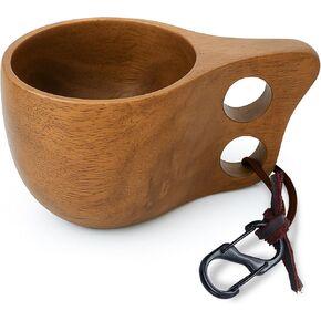 Handcrafted Light Brown Kuksa Wooden Cup - Sturdy Nordic Mug w/Leather Lanyard, Carabiner for Easy Carry - Light-Weight & Easy Grip Kuksa Wooden Cups for Drinking Coffee, Tea - Unique Coffee Gifts