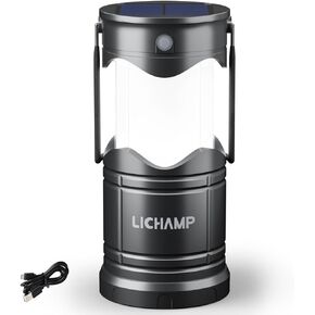 Lichamp 1-Pack Solar Camping Lantern ، USB مصابيح LED قابلة لإعادة الشحن مصابيح مصباح يدوي مدببة بطارية مع ثلاثة أوضاع طاقة لانقطاع التيار الكهربائي لوازم الإعصار الداخلي والخارجي في الهواء الطلق
